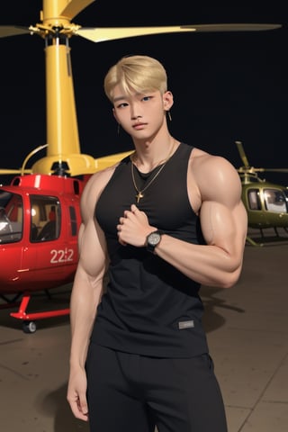 intricate detail, 18 year old, young handsome asian male wearing black tanktop,  kpop,ikemen, blue eyes, handsome, earrings, gold necklace, luxuary golden omega watch,  blond hair, big muscle, physique, fitness model, wealthy, billionair,  standing, in front of private helicopter, dubai night background