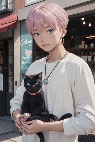 masterpiece, top quality, intricate detail, a young asian hansome male, 18 year old, short fashionable beautiful rainbow color hair, blue eyes, necklace, earrings, slim muscle, smooth skin, realistic skin, with holding a black cat, holding a paper coffee cup with pink heart logo, valentine's day