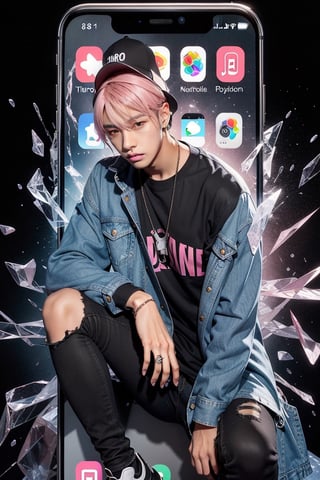 young  handsome male kpop idol with pink and blond hair, wears a black t-shirt cap, written "Hiro", denim jacket, black jeans, as if he wants to get out of the broken iPhone 13 screen, with a cold face, one leg is out, Black background