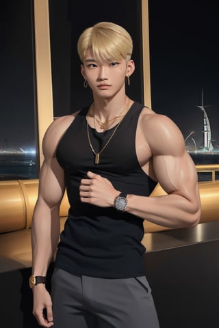intricate detail, 18 year old, young handsome asian male wearing black tanktop,  kpop,ikemen, blue eyes, handsome, earrings, gold necklace, luxuary golden omega watch,  blond hair, big muscle, physique, fitness model, wealthy, billionair,  standing, in front of luxuary yatch,  dubai night background