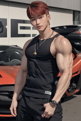 intricate detail, 18 year old, young handsome asian male wearing black tanktop, kpop,ikemen, blue eyes, handsome, earrings, gold necklace, luxuary golden omega watch,  red hair, muscle, physique, fitness model, wealthy, in front of black supercar