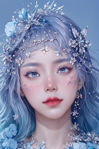 blue theme, snowflakes, looking at viewer, portrait, colorful hair, jewelry, close up, ultra high res, deep shadow,(best quality, masterpiece), dimly lit, shade,highly detailed, bold makeup, flower, simple background, depth of field, film grain, fashion_girl, accessories,High detailed 