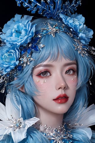 blue theme, snowflakes, looking at viewer, portrait, colorful hair, jewelry, close up, ultra high res, deep shadow,(best quality, masterpiece), dimly lit, shade,highly detailed, bold makeup, flower, simple background, depth of field, film grain, fashion_girl, accessories,High detailed ,jisoolorashy