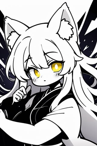 black and white, Kitsune girl, fox girl, long hair, beautiful girl, her eyes are yellow and are glowing, only the eyes have color, surrounded by yellow lightning, only the eyes and lightning have color everything else is black and white