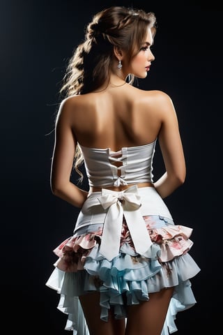 Rear view of an elegant young woman, long hair cascading down her back, skirt with front tie and frills, assuming a full-body, attractive pose, face turned to reveal immaculate makeup and perfect eyes, nails with a complex and unique manicure, intricately detailed, evocative of the styles of Jean Baptiste Monge, Carne Griffiths, Michael Garmash, and Seb McKinnon, set against a dark background, bathed in vivid, phot