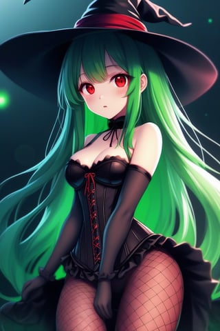 cute anime girl. red glowing eyes, black hat, witch clouth, long green hair, copics, corset, fishnet_pantyhose, realistic, 4k, 8k, realistic picture