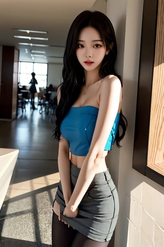 centered,exposed_midriff,huge_boobs, droopy breast, saggy breast, black hair, office, 17 years old korean girl, korean idol style,masterpiece, best quality, photorealistic, raw photo, 1girl,long hair,small tight sleeveless strapless crop top, mini skirt absolute_cleavage, cleavage cutout, underboob, torn pantyhose,seducing_eyes, cow_girl_position,Korean,Beauty,Sexy,aespa karina,asian girl,full-body_portrait, full_body, standing