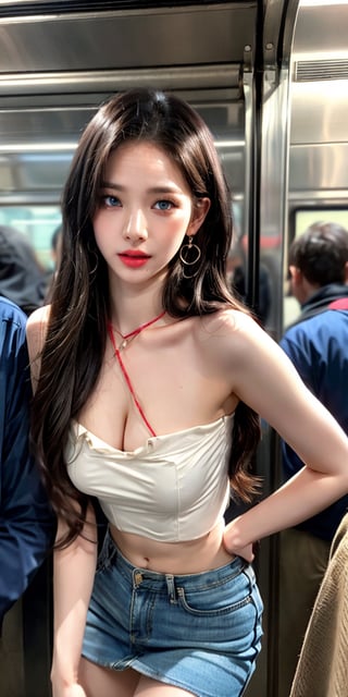 (masterpiece:1.3), (realistic:1.3), 8k, very high resolution, overexposure, cinematic lighting, dynamic lighting, detailed hair, realhands,1 girl,  Detailedface, Detailedeyes, 25 years old girl with beautiful face together , noona, blue eyes, long brown hair,  big_breasts, absolute_cleavage, sexy body, perfect body, translucent white skin, earrings, leashed, blush, fun, small and tight top, sleeveless top, strapless top, show cleavage,tight_outfit,unbuttoned,cleavage show, ultra tight miniskirt, short miniskirt,reverse_cowgirl_position,standing, inside crowded train, full-body portrait,windy, autumn