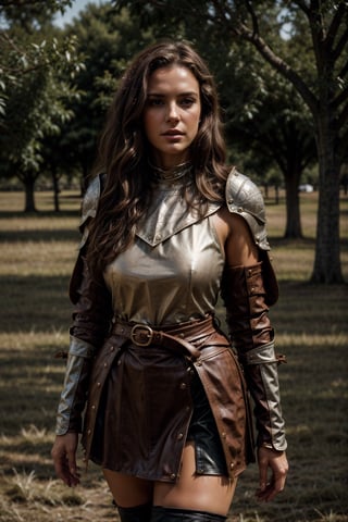 beautiful woman, good posture, solo, toned
dark brown shoulder length wavy messy hair, thicc, fit


sexy
adventurous, 
 fierce, motivated 
feminine

standing in a field in the 1500s
portait

looking at camera
cuban italian

serious, confident
portrait, 50mm, film grain, bokeh, closeup

wearing medival armor,medieval armor 

plate armor, leather skirt under 