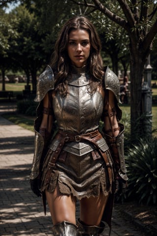 beautiful woman, good posture, solo, toned
dark brown shoulder length wavy messy hair, thicc, fit
action pose
strong stance
thighs exposed, 

light armor
war
warrior
sexy
adventurous, 
 fierce, motivated 
feminine

standing in a field in the 1500s
portait

looking at camera
cuban italian

serious, confident
portrait, 50mm, film grain, bokeh, closeup

wearing medival armor,medieval armor 

plate armor, leather skirt under ,medieval armor