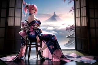 A award winning photography of a beautiful woman,( full body)  with pink hair, she is wearing a elegant blue kimono with insane detailed patterns, she is (strechted back), (layed back),  posing on the side, sitting in a wooden chair. looking at far distance above, in the background the are mist surrounding the futuristic Japanese city, the time is midnight ,High detailed,(dynamic pose), ,High detailed , girl, ,midjourney
