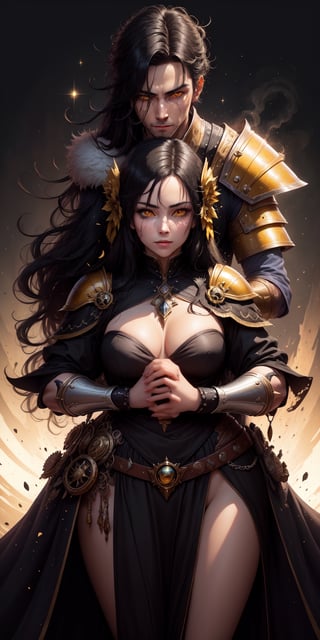 1man warrior, 1woman sorceress, black hair colour, yellow eye, sparkling pupils, armour, robes, handsome, couple embrace, simple background, (ultra clear image), autonomy figure, (high definition), proper body formation.
