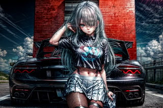 Clean face,Masterpiece,1girl ,long loose hair, straight bangs covers one eye, leaning up agaisnt lambo style car, blue Sky Background ,blue with White Hair, tight pink pvc T-shirt,fishnet legwear,Green skirt , medium breats , venusbody