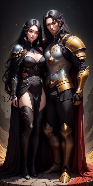 1man warrior, 1woman sorceress, long black hair colour, yellow eye, sparkling pupils, armour, robes, handsome, couple embrace, simple background, (ultra clear image), autonomy figure, (high definition), proper body formation. correct body posture,

