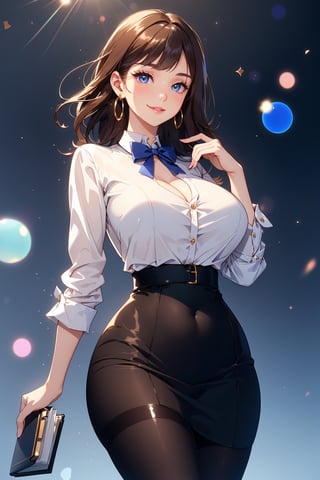 (masterpiece:1.3), best quality, ultra-detailed, (digital illustration:1.3), 
1 women, solo, (secretary:1.5, office lady:1.5, amazing:1.3), (catwalk:1.4, various angle:1.2, holding pocket-book), (gorgeous brown hair:1.2), (shiny long wavy hair:1.3, swept bangs:1.3, side lock, forehead), (huge breasts), (wide hips), (hip-line:1.5), (embarrassed:1.2, blush:1.4), (seductive smile, sukebe:1.4), (knee height:1.3), 

//Fashion
BREAK
(fascinating secretary), (A fluffy, neat white blouse conceals her large breasts that emit a lewd smell,
Her chic earth-colored long skirt is tight and graceful, but it does not hide her big hips and superb body line),
BREAK
(Chic color theme:1.5, stylish:1.3),  (white unbuttoned loose bow tie blouse:1.4, button gap:1.2), (chic color tight long skirt:1.3), (black pantyhose, beautiful legs:1.2), (black high-heels:1.1), (charming necklace:1.3, gold earrings), 

//Quality
BREAK,  (beautiful edge:1.6),  (smoothing:1.6),  (beautiful line:1.4),  (super resolution),  absurdres,  4k,  8k,  (aesthetic,  vibrant:1.2),  (highly detailed beautiful European eyes:1.3),  (highlight in eyes:1.3),  (beautiful eyelashes:1.4), (beautiful shaped breast:1.2),  (skindentation:1.6),  (white skin:1.55),  (glamorous, fleshly), (shiny:1.3, oily:1.3), (lithe:1.3),  intricate,  better_hands, 

BREAK,  (simple colors background:1.4), (daydream:1.2), best lighting,  bokeh,  (lens flare, light particles:1.3),  (soft focus:1.4), 