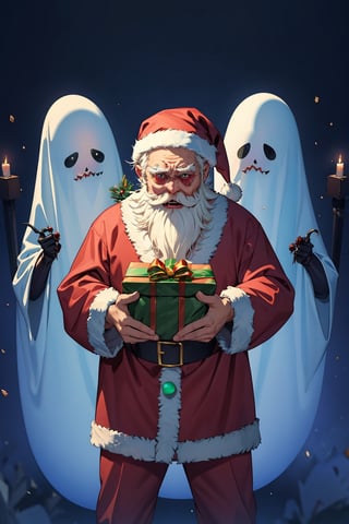 masterpiece,  (Dark and intense:1.2), (very scared Santa Claus:1.3), (horror:1.6), action_pose, inside creepy house, santa standing scared while holding a present and a (((ghost))) standing behind him,
