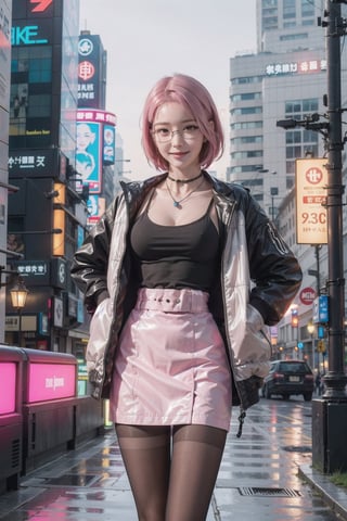 (masterpiece), best quality, high resolution, highly detailed, detailed background, perfect lighting, 1girl, pink hair, short hair, slender, medium breasts, smile, blush,  glasses, jacket, short dress, necktie, between_breasts, pantyhose, (cyberpunk:1.4), street, night, city, outdoor, sci-fi, futuristic clothes, ,High detailed ,jwy1