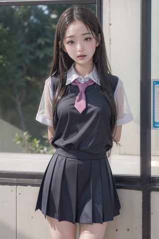 1girl, (wet school uniform), pouting,jwy1,((see-through)),(hands behind back),wet,30 yo, wet body,knee shot