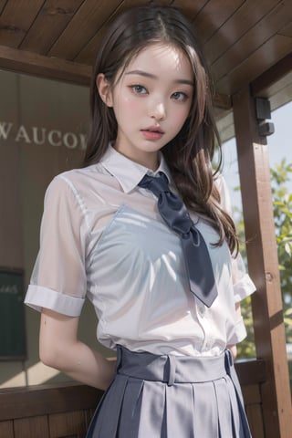1girl, school uniform, pouting,jwy1,((see-through)),(hands behind back),wet,30 yo