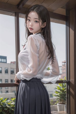 1girl, (wet school uniform), pouting,jwy1,((see-through)),(hands behind back),wet,30 yo