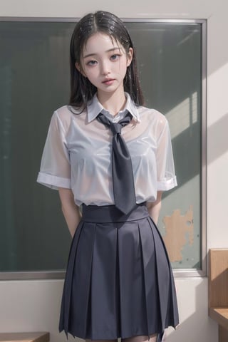 1girl, (wet school uniform), pouting,jwy1,((see-through)),(hands behind back),wet,30 yo, wet body,knee shot