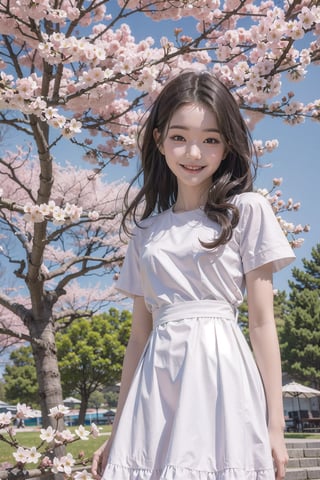 (masterpiece), nature, blue sky, sunlight, light particles, cherry blossoms, 1girl, white dress, smile, medium hair, black hair,jwy1