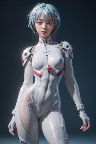 8k, masterpiece, best quality, realistic, sharp focus, cinematic lighting, extremely detailed, epic, dawn, girl, rei ayanami, light blue bob hair, white, tight suit, edgy, sexy,urban , (red leon lighting background), chest open, deep-V chest, techwear,outfit,3DMM