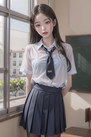 1girl, (wet school uniform), pouting,jwy1,((see-through)),(hands behind back),wet,30 yo