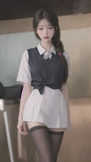 1 girl, school uniform, 30 yo, adult,jwy1,((see-through shirts)),((thick_straight_bangs)),stockings,looking_at_viewer,belly,Detailedface ,medium_breast,red neck_tie,arm_behind_back,short sleeves,1 ear,city,walking,closed_eyes,open_mouth, long_ponytail 