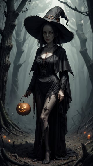 Best picture quality, n3n3k, looking at viewer, hat, witch hat, witch, black headwear, jewelry, necklace,rim light,,mysterious forest, anthropomorphic tree spirit, holding a pumpkin lantern, following a floating, cute little ghost, full of details,