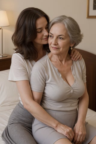 ((couple)), masterpiece, (((older woman in her 50s sitting on young lover's lap))), grey hair, wearing nighty, medium saggy breasts, lifting_skirt, slightly chubby, lateral posture, soft smile, bedroom, sitting on young lover's lap, seductive_expression, slight cleavage, freckles, full-body_portrait, back_view