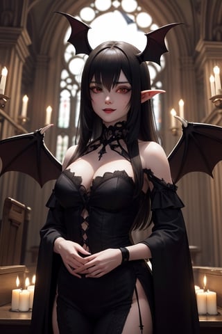 A female vampire in a highly detailed 3d gothic style, inspired by Japanese manga and anime for the facial style. Her eyes are steeply slanted, with high cheekbones. Goblin-style pointed ears. His skin is snow-white, his eyes black and his hair very black. Her vampire canines are pointed. She has a slight smile.  The scene takes place inside a Gothic church with candles and Greek columns during a full moon. A wonderful harmony of moonlight and shadow is reflected on her. Other female vampires stand behind her. She has bat wings.