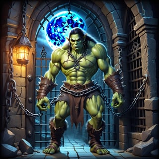 A beautiful female orc monster finds himself chained in a castle dungeon, lit by the full moon through the window bars. (((His beast-skin clothes are torn.)))