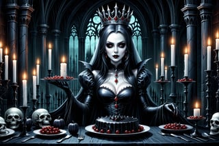 A hauntingly beautiful undead queen monster has diner with her monsters guests in a gothic castle. candles light.