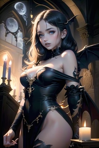 A gothic vampire sexy with bat wings. She has sharck teeth. (fantasy illustration:1.3), enchanting gaze, captivating pose, delicate wings, otherworldly charm, mystical sky, (Luis Royo:1.2), (Yoshitaka Amano:1.1), moonlit night, soft colors, (detailed cloudscape:1.3), (high-resolution:1.2).Church interior with candles. Moonlight trough church windows.
