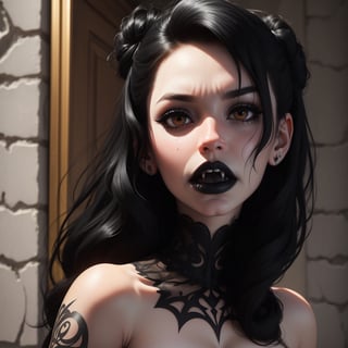 Master piece. 3d and anime style. Close up portatrait of female vampire, hissing with big vampire fangs, intricate details, creepy. gothic.(((emo white skin))). gothic. tattoos. (((black hair))).(((black lips))).,klee (genshin impact). the scene takes place in gothic chateau.