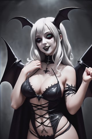 A gothic vampire sexy with bat wings. She has sharck teeth.