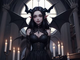 A female demon in Gothic style. Very slanted eyes and high cheekbones. Goblin-like pointed ears. Black horns on her head. Snow-white skin, black eyes and very black hair. Her teeth resemble those of a white shark. She has a slight smile.  She has bat wings. The scene takes place inside a Gothic church with candles and Greek columns during a full moon. A wonderful harmony of moonlight and shadow is reflected on her. Other vampire women stand behind her.