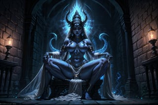 A sultry and passionate depiction of a majestic Kali, her piercing blue skin glistening in the warm torchlight of a medieval Indian courtyard. She sits cross-legged, her curves accentuated by the flowing white sari wrapped around her powerful physique. A fearsome monster, its eyes glowing with an otherworldly intensity, cowers at her feet. The rich colors and textures of the decort's intricate stone carvings provide a dramatic backdrop for this stunning depiction of the fierce goddess.