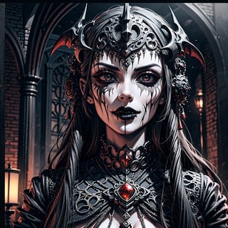Master piece. 3d and anime style. Close up portatrait of female vampire, hissing with big vampire fangs, intricate details, creepy. gothic. (((black hair))).(((black lips))).,klee (genshin impact). the scene takes place in gothic chateau.