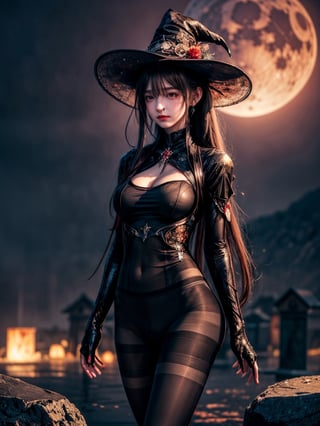 ((((((Whole_body_from_far_away)))))), (((pantyhose))), A hauntingly beautiful illustration of a witch standing in a spooky graveyard under a blood-red moon, The witch should be portrayed with fine details and realistic shading. The artwork should be in a high resolution and digitally painted by renowned artists like Luis Royo and Jasmine Becket-Griffith. The overall composition should evoke a sense of mystery and enchantment.