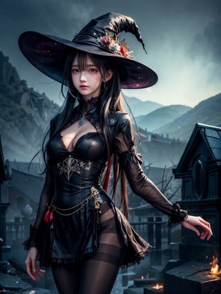 ((((((Whole_body_from_far_away)))))), (((pantyhose))), A hauntingly beautiful illustration of a witch standing in a spooky graveyard, The witch should be portrayed with fine details and realistic shading. The artwork should be in a high resolution and digitally painted by renowned artists like Luis Royo and Jasmine Becket-Griffith. The overall composition should evoke a sense of mystery and enchantment.