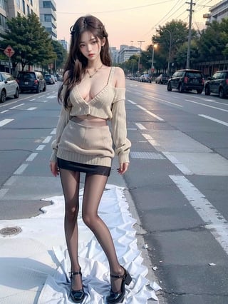 one girl, large breasts, no bra, beautiful long leggs, beautiful sexy supermodel, 18 years old, beautiful perfect face, body fit, ((sexy mini skirt)), correct_anatomy, nsfw, ((front full_body)), perfect backgrond,
On the Street, Full body,Realistic photos, wearing Victoria's Secret underwear, masterpiece, highest quality, Pull down collar,see-through nipples:0.8 , panties visible:0.8 ,  two hands lift sweater show pussy:0.8, bright gentle green eyes, necklace,(Off-the-shoulder knit short sweater:1.2),bracelet, bright snow-white skin, high detail skin,high ponytail, brown hair, delicate hairpin, delicate beautiful face, Tsundere expression,studio lighting,Girl,medium breasts,shy, 1girl,DSKBSP,jennie, (((transparent heels))), (((Full_body_shot))), (((pantyhose))), ,black pantyhose