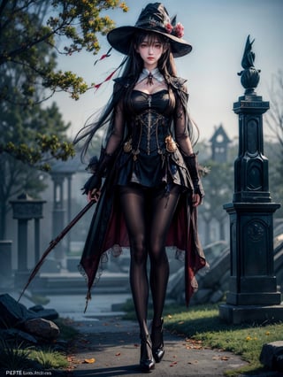 ((((((Whole_body_from_far_away)))))), (((pantyhose))), A hauntingly beautiful illustration of a witch standing in a spooky graveyard, The witch should be portrayed with fine details and realistic shading. The artwork should be in a high resolution and digitally painted by renowned artists like Luis Royo and Jasmine Becket-Griffith. The overall composition should evoke a sense of mystery and enchantment.