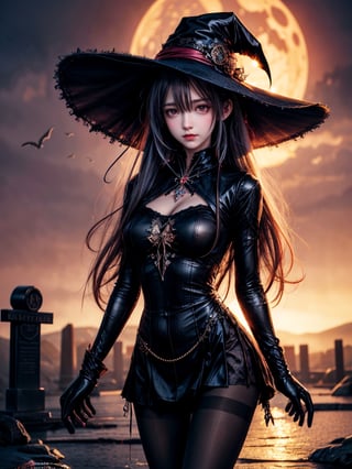 (((Whole_body_from_far_away))), (((pantyhose))), A hauntingly beautiful illustration of a witch standing in a spooky graveyard under a blood-red moon. witch hat, The scene should be cinematic with Jack-o-lantern shining. The witch should be portrayed with fine details and realistic shading. The artwork should be in a high resolution and digitally painted by renowned artists like Luis Royo and Jasmine Becket-Griffith. The overall composition should evoke a sense of mystery and enchantment.