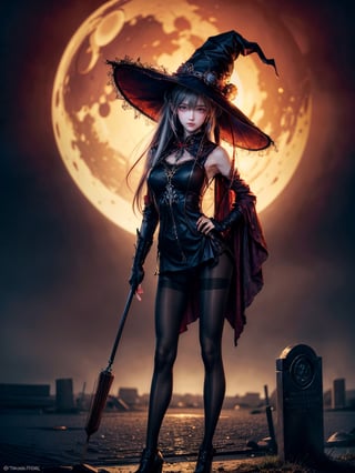 (((Whole_body_from_far_away))), (((pantyhose))), A hauntingly beautiful illustration of a witch standing in a spooky graveyard under a blood-red moon. witch hat, The scene should be cinematic with Jack-o-lantern shining. The witch should be portrayed with fine details and realistic shading. The artwork should be in a high resolution and digitally painted by renowned artists like Luis Royo and Jasmine Becket-Griffith. The overall composition should evoke a sense of mystery and enchantment.