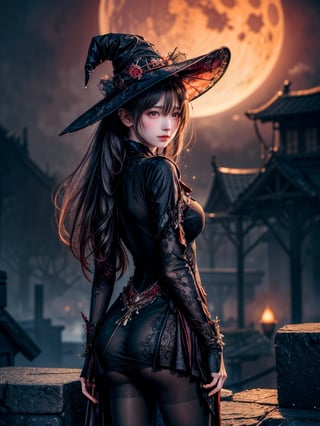 ((((((Whole_body_from_far_away)))))), (((pantyhose))), A hauntingly beautiful illustration of a witch standing in a spooky graveyard under a blood-red moon, The witch should be portrayed with fine details and realistic shading. The artwork should be in a high resolution and digitally painted by renowned artists like Luis Royo and Jasmine Becket-Griffith. The overall composition should evoke a sense of mystery and enchantment.