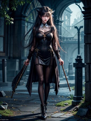 ((((((Whole_body_from_far_away)))))), (((pantyhose))), A hauntingly beautiful illustration of a witch standing in a spooky graveyard, The witch should be portrayed with fine details and realistic shading. The artwork should be in a high resolution and digitally painted by renowned artists like Luis Royo and Jasmine Becket-Griffith. The overall composition should evoke a sense of mystery and enchantment.