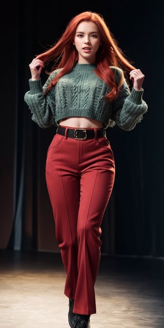 Create a high quality image, extreme details, ultra definition, extreme realism, high quality lighting, 16k UHD, a beautiful teenager, red hair, beautiful eyes, slim body, oversized sweater, low-rise wide-leg pants, wide military belt, expression of joy, jumping in a musical show, spotlights that highlight the details,realistic hands