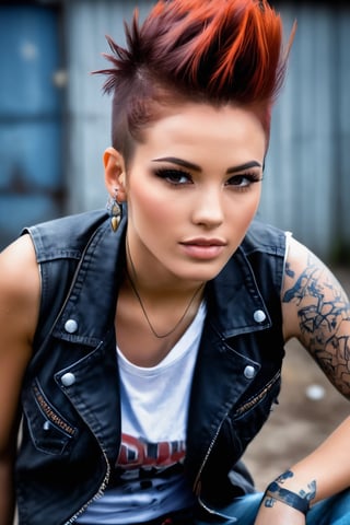 Creates a very high quality image, extreme details of realism, ultra definition, 16k UHD, beautiful girl, hair shaved on the sides and red mohawk in the center, beautiful brown eyes, piercing on the face, dirty t-shirt punk band logo, vest Dirty and worn jeans, dirty and worn jeans, military boots, spray can in hand, angry expression